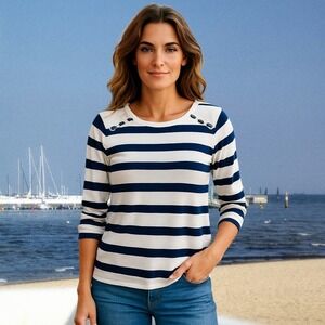 Talbots Womens Top Navy Off White‎ Striped Buttons 3/4 Sleeve Sz Med